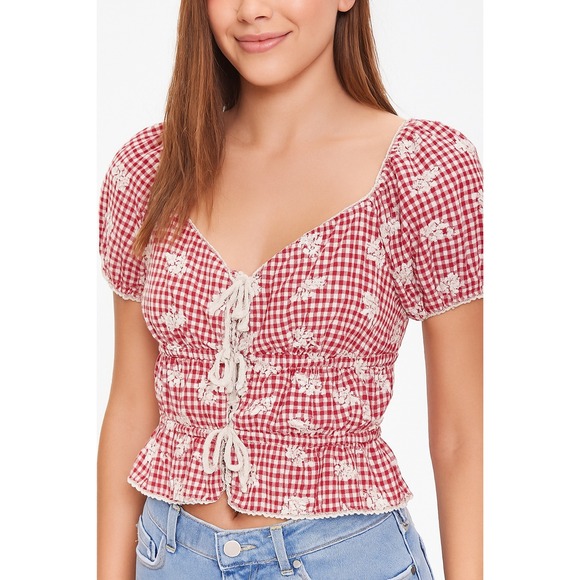 one clothing Tops - One Clothing Womens Cottagecore Gingham Tie Front Puff Sleeve Babydoll Top XL